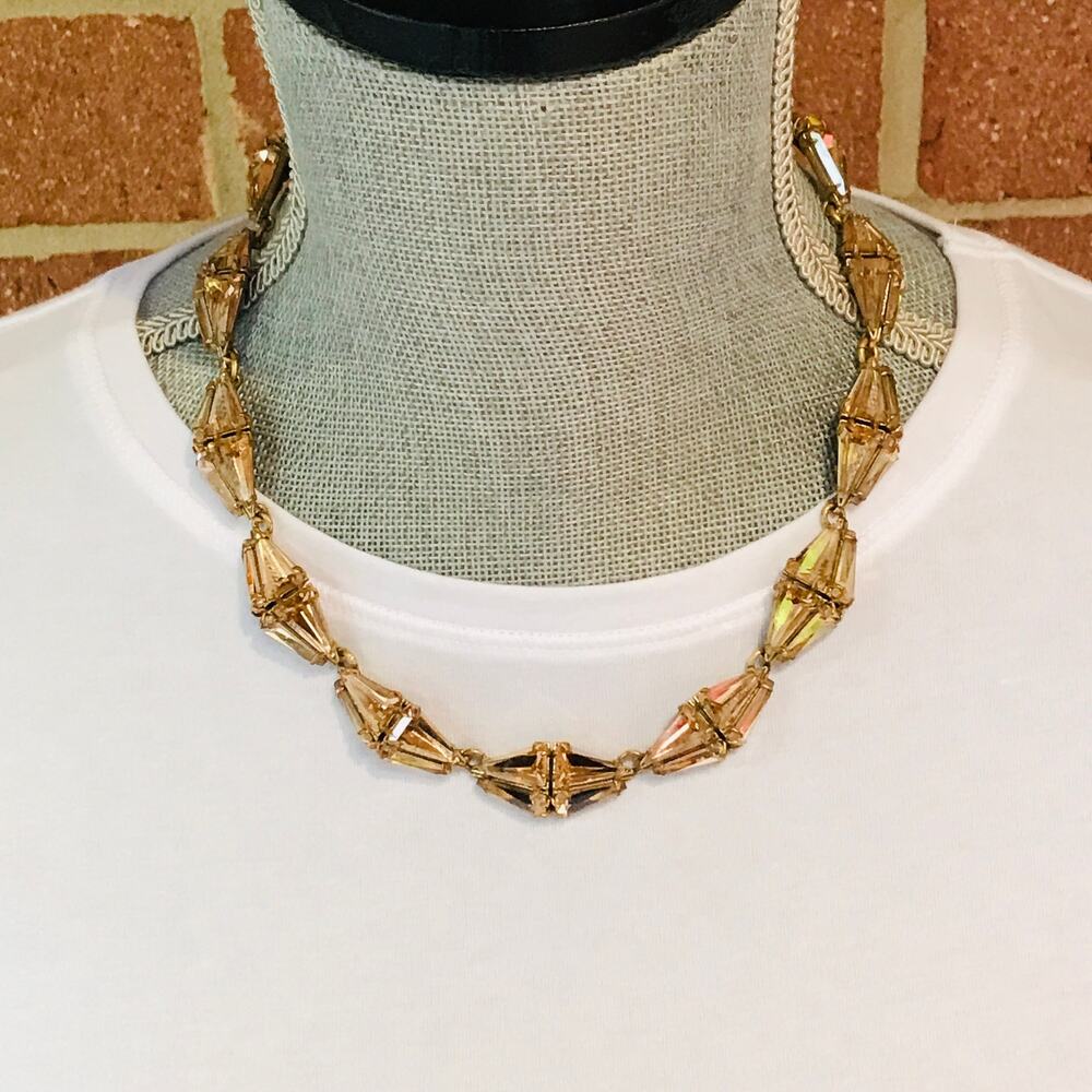 J.Crew Gold Tone Faceted Champagne Crystal Statement Necklace - Geometric Design